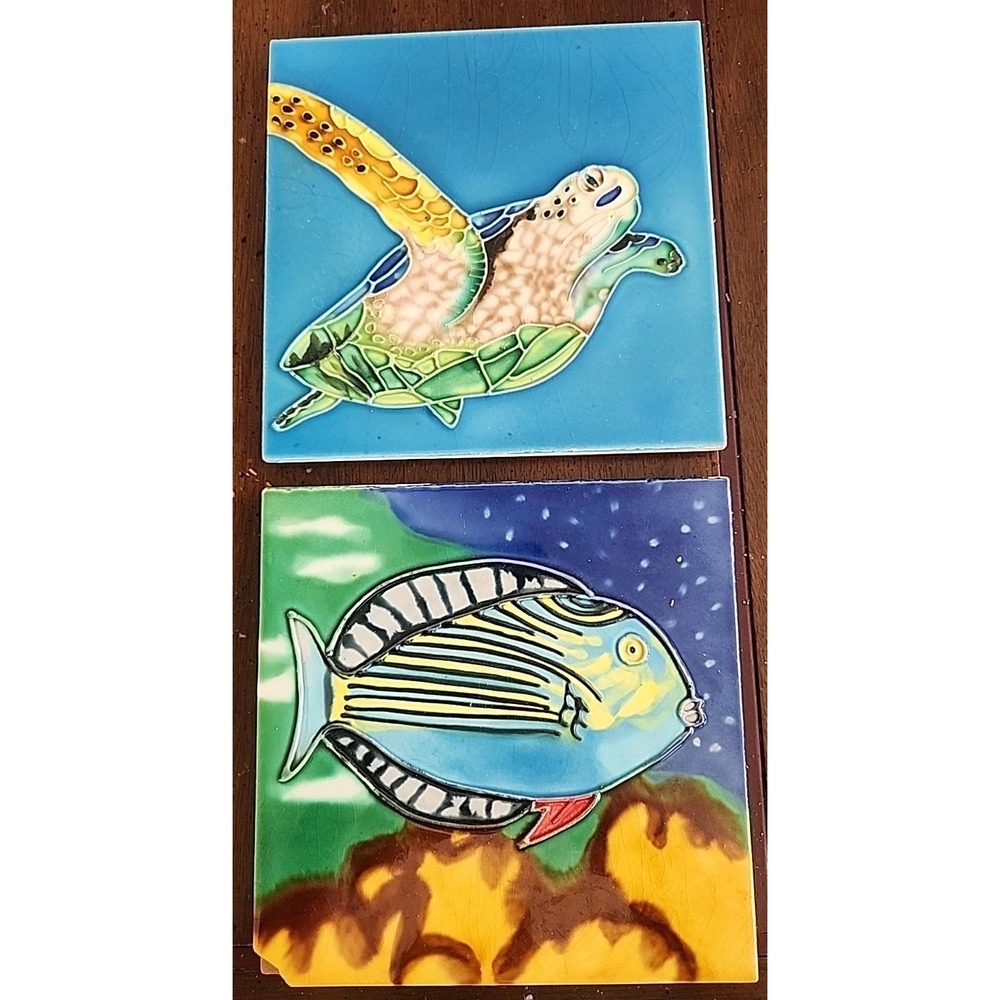 2/Tropical Fish and Sea Turtle ceramic art tiles w/ fiberboard back 6in Square